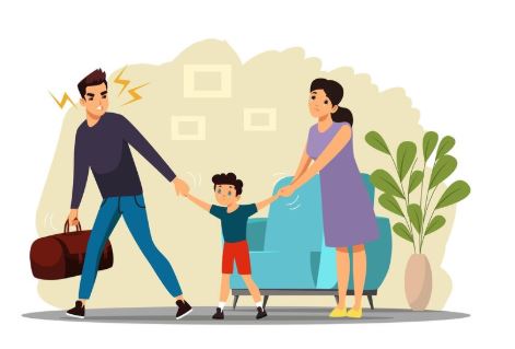 A man holding a bag is pulling their boy with angry - a lady is trying to stop that