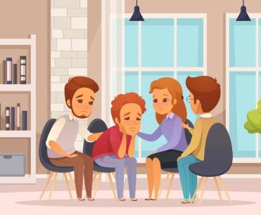 An illustration of group of people consoling an unhappy man
