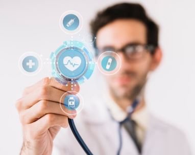 A doctor showing the stethoscope and medicines, pulse, injection pictures are displayed