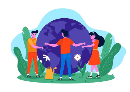 An illustration of 3 people holding earth from different sides