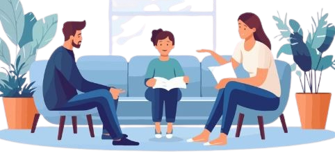 An illustration of a girl sitting with a book when her parents are talking