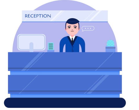 Illustration of male receptionist standing at computer desk