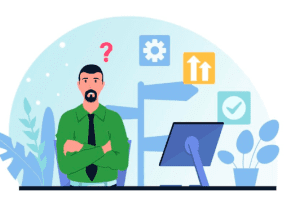 Professional man standing beside desktop computer by folding hands