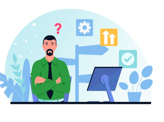Professional man standing beside desktop computer by folding hands