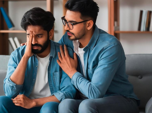 Man comforting his sad and stressed friend, showing emotional support, empathy, and mental health awareness among young men