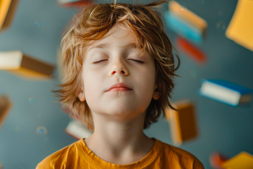 Peaceful child with closed eyes surrounded by floating books, representing mindfulness, focus, imagination, and childhood learning