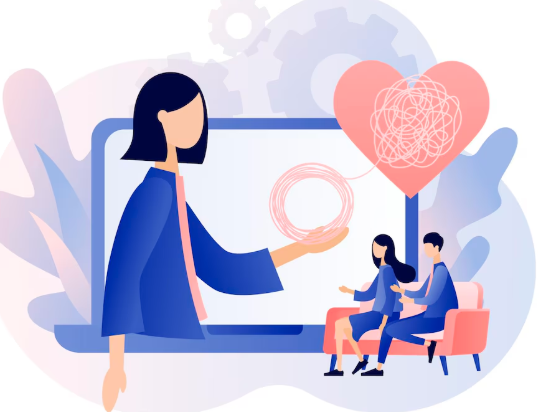 Illustration of a couple consulting a female therapist