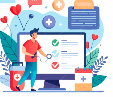Illustration of a person holding a stethoscope in front of a large computer screen displaying a medical checklist with checkmarks, surrounded by health icons, leaves, and a medicine container, representing digital health monitoring and medical record management