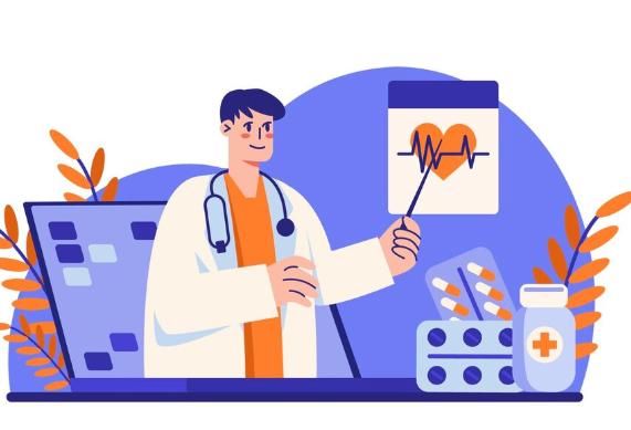 Illustration of a doctor wearing stethescope and pointing a heart beat display