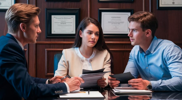 Three business professionals having a serious discussion in a formal office setting, reviewing documents and legal papers, symbolizing corporate meeting, legal consultation, or financial planning