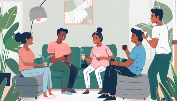 Group of people engaged in a therapy conversation