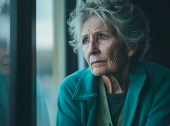 Elderly woman looking out of a window with a sad, reflective expression, symbolizing loneliness, depression, dementia, or memory loss in senior citizens