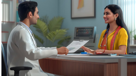 A doctor and a smiling woman sitting across a desk in a medical office, discussing a health report in a friendly and supportive consultation setting