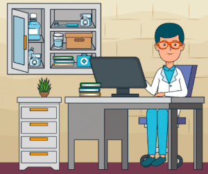 Illustration of doctor sitting at computer desk with medicines behind in a locker