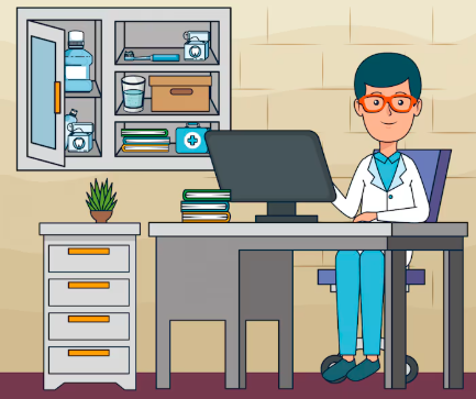 Illustration of doctor sitting at computer desk with medicines behind in a locker