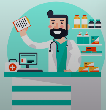Illustration of a doctor standing in pharmacy holding a prescription with a medical kit and computer beside him
