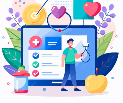 Illustration of a person standing in front of a large screen showing a medical checklist, surrounded by health-related icons like a stethoscope, heart, apple, and supplement bottle, symbolizing wellness and preventive healthcare