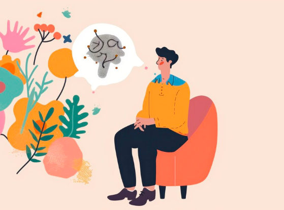 Illustraation of a person sitting in a chair talking about mental health, showing a brain in a speech bubble, symbolizing therapy, psychological support, and emotional well-being