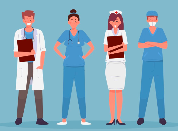 Illustration of lady doctor, nurse and male doctor and nurse standing
