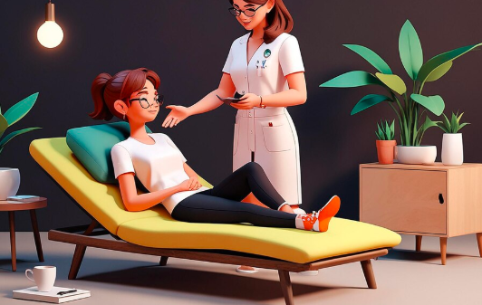 Illustration of a woman lying on a therapy couch talking to a female therapist, representing psychological counseling, mental health support, and psychotherapy session