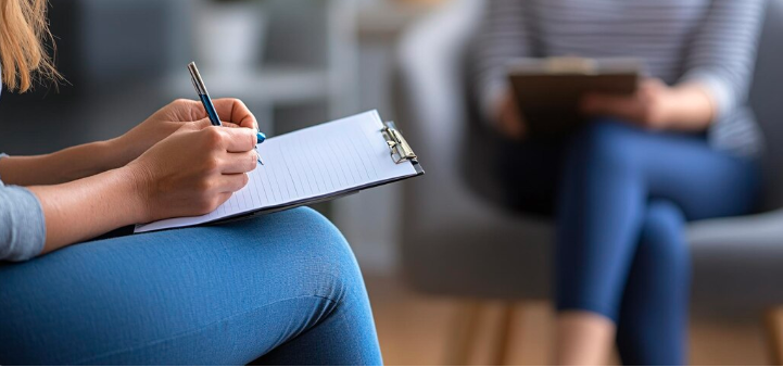 Close-up of a therapist taking notes on a clipboard during a counseling session, representing psychotherapy, mental health support, and professional psychological assessment
