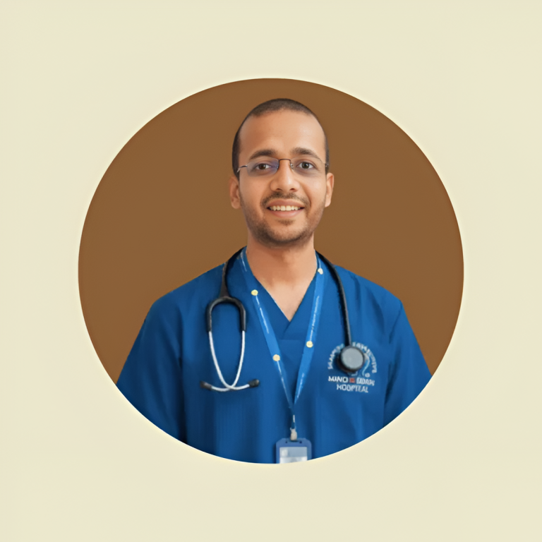 Professional portrait of Dr. Kriti Anurag wearing blue medical scrubs and a stethoscope, presented in a circular frame