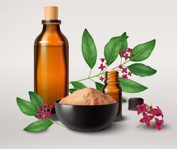 sandalwood-realistic-colored-composition-consisting-bottle-with-oil-bowl-with-powder-tree-branches-vector-illustration_1284-80582